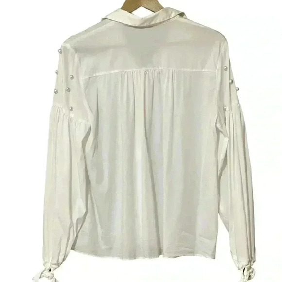 Zara Blouse Women’s Medium Ivory Sheer Long Sleeve Button-Up Pearl Embellished - Picture 2 of 10